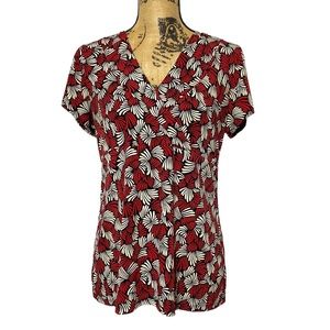 Judith Hart Red White Faux Wrap V-Neck Top L